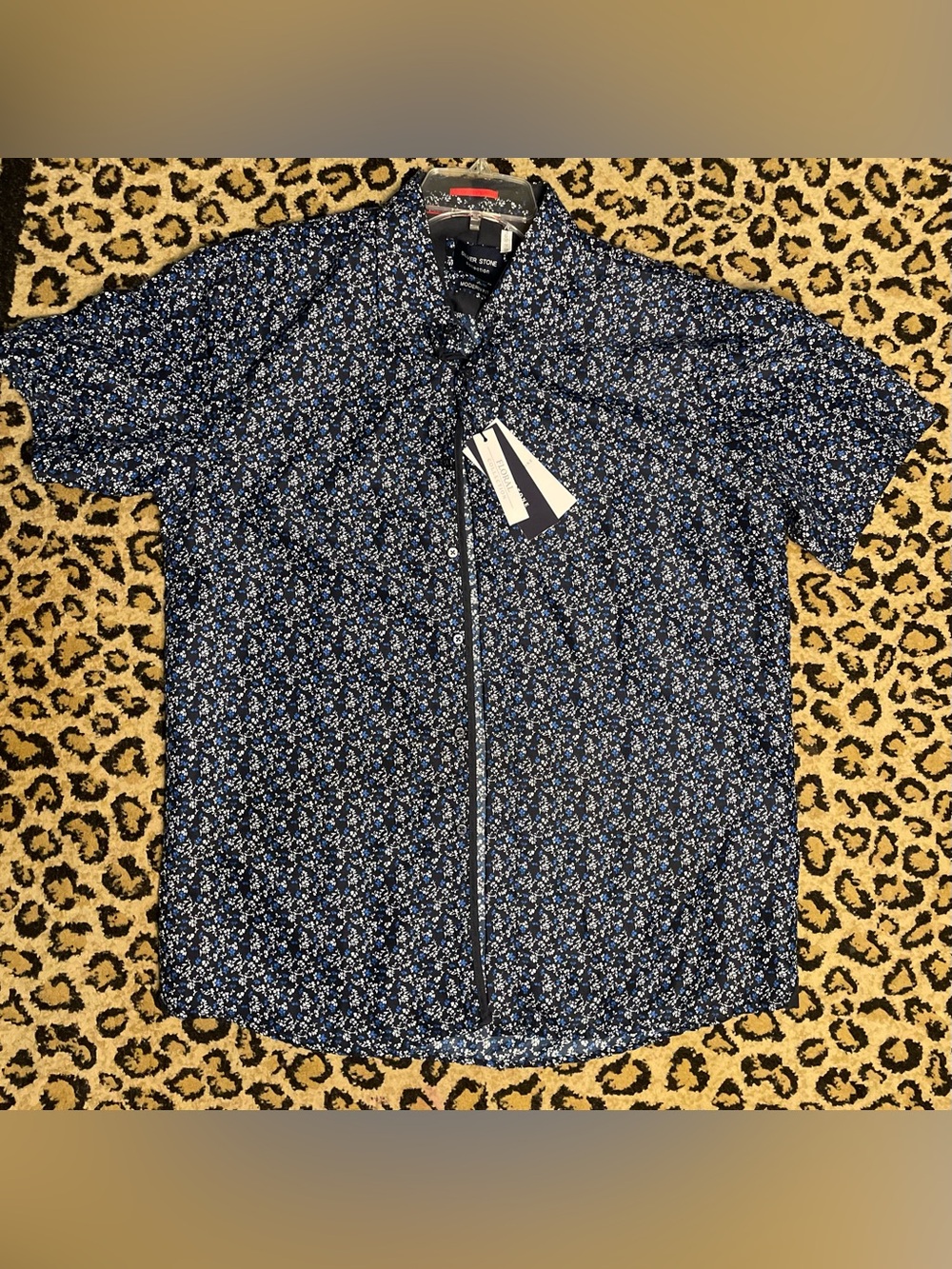 Silver Stone Collection Mens Large Black Blue Floral Button Up Shirt NWT